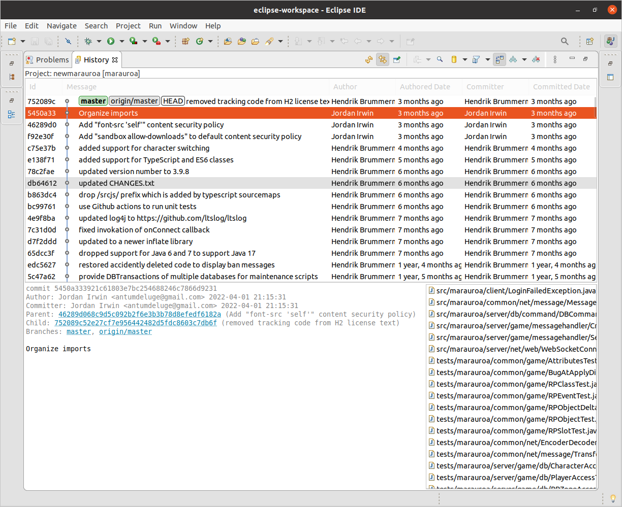 In this view, you should now see the most recent part of the network of the Marauroa project repository. You can scroll down to see the full commit log. As you can see, the history is significantly more complex than the simple repository we looked at in the GitLab Access Check. Marauroa has been under development since 2003, and its history reflects its age.  Note that your view of the repository may be a little different than that shown in the screenshot.  We are working with a live repository, and new commits are being made on a regular basis.