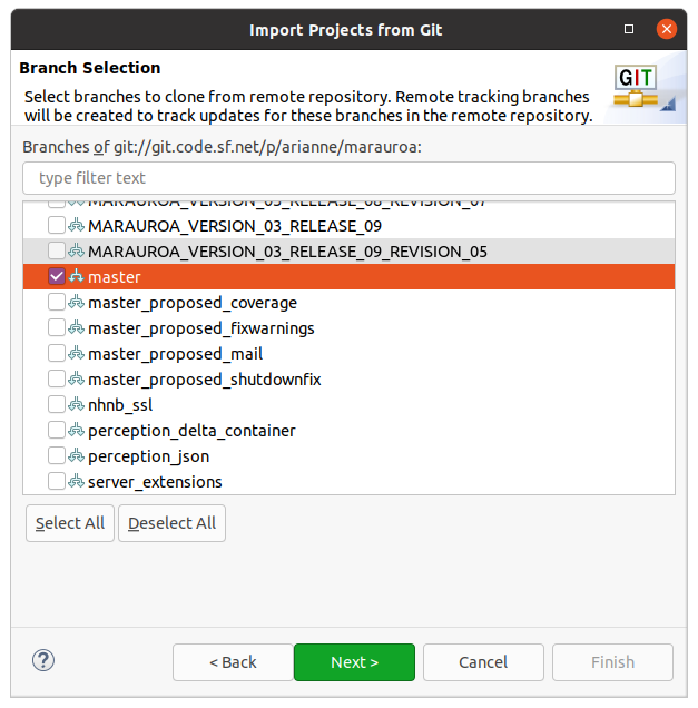 Take a look at the list of branches contained in the project, by scrolling up and down the list. You'll see that the Marauroa project uses separate branches to describe specific releases, as well as other development branches. Another common approach is to have a single release branch and to use tags to distinguish specific releases on that branch.