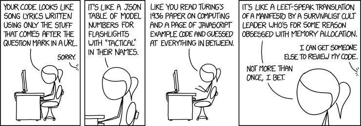Does your code look like song lyrics written using only the stuff that comes after the question mark in a URL? Reviewing other people’s code can be hard work but probably not as hard as having other people review your code. However, code review is fundamental to building quality software. Code Quality (xkcd.com/1833) by Randall Munroe is licensed under CC BY-NC 2.5