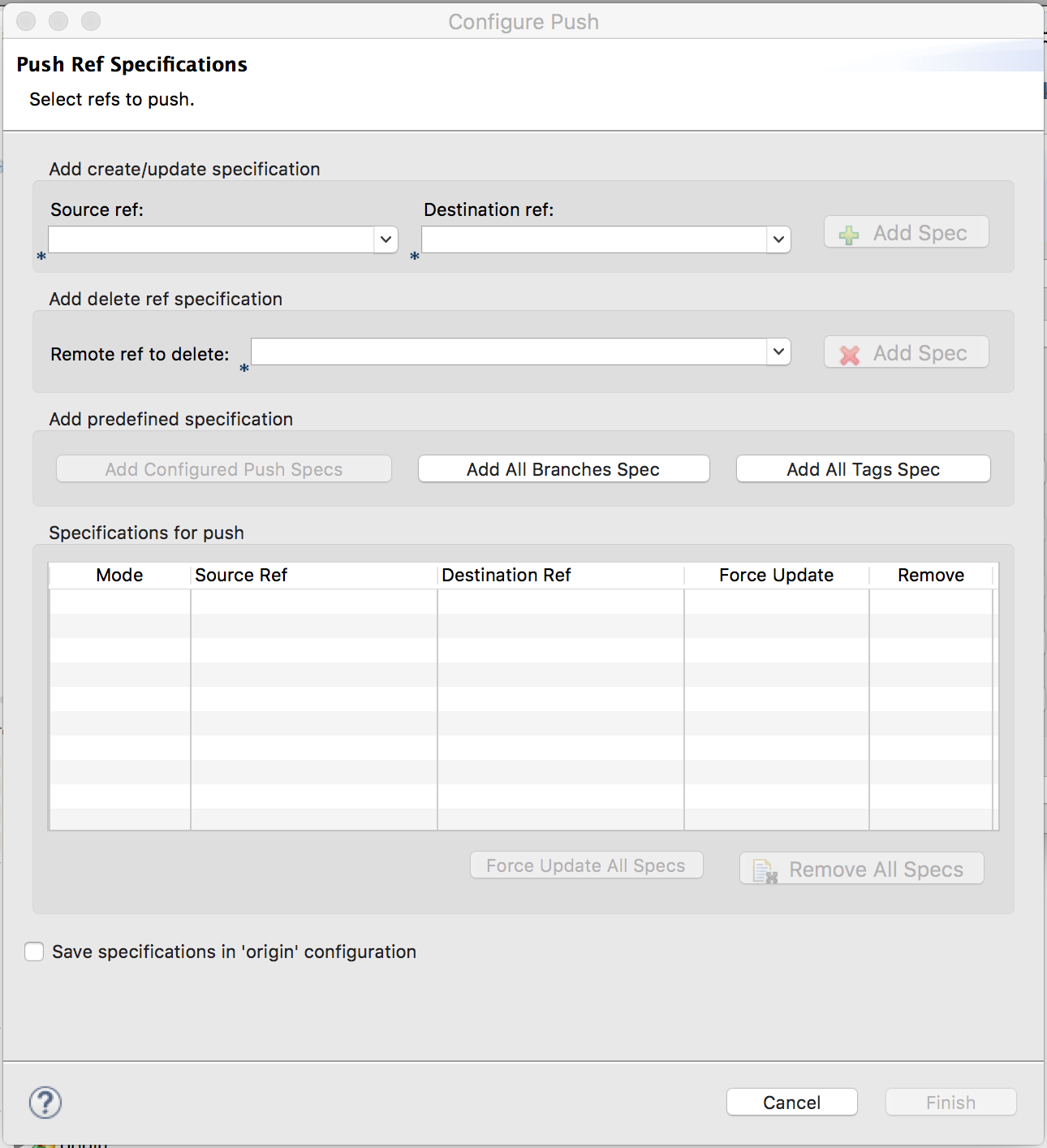 Configure push dialog