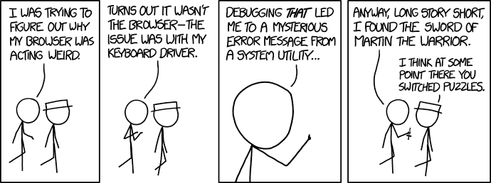 Debugging unfamiliar codebases is a routine part of software engineering. Debugging (xkcd.com/1722) by Randall Munroe is licensed under CC BY-NC 2.5