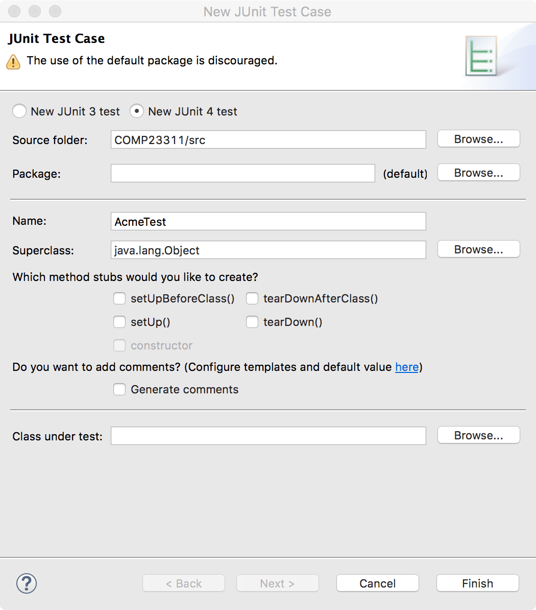 JUnit Test Case, with Test appended to the Acme class