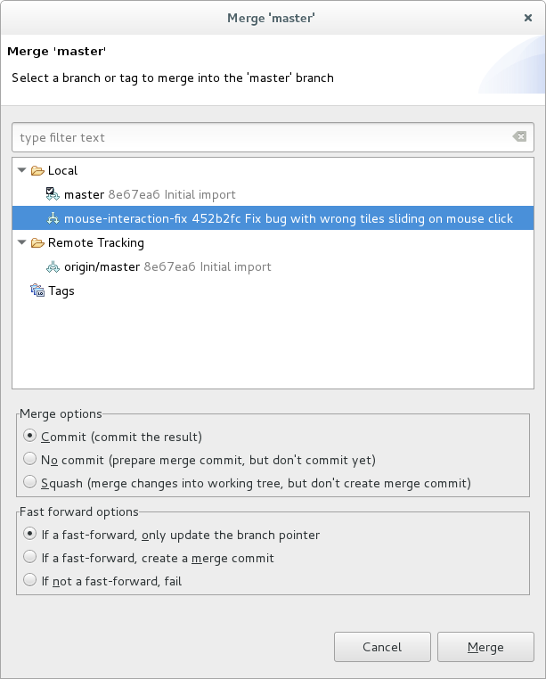 Request theM merge into master and select branch to merge in dialog